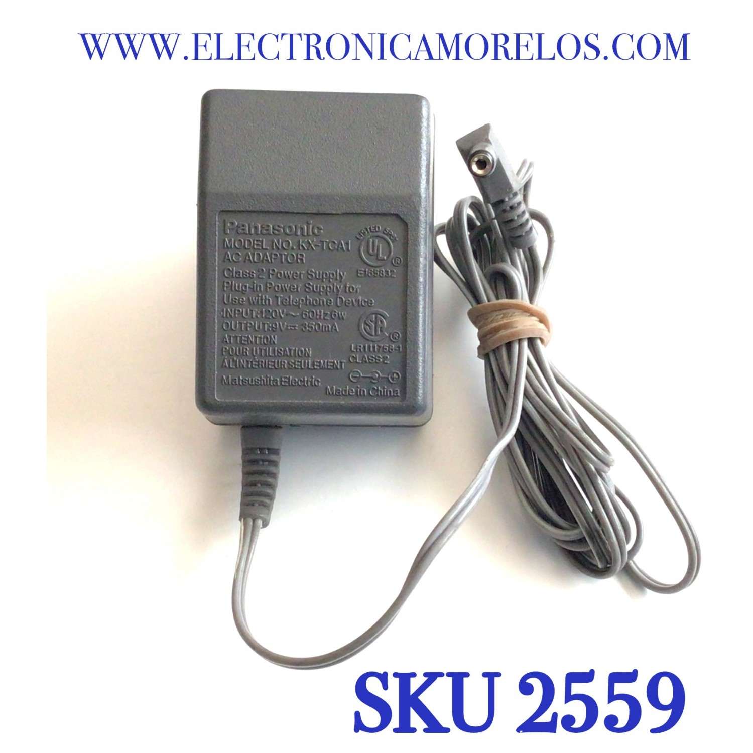 CARGADOR / ADAPTADOR DE FUENTE DE ALIMENTACION PANASONIC AC /  VCA-VCD NUMERO DE PARTE KX-TCA1 / E165832 / ENTRADA VCA 120V~ 60HZ 6W / SALIDA VCD 9V 350MA / MODELO KX-TCA1